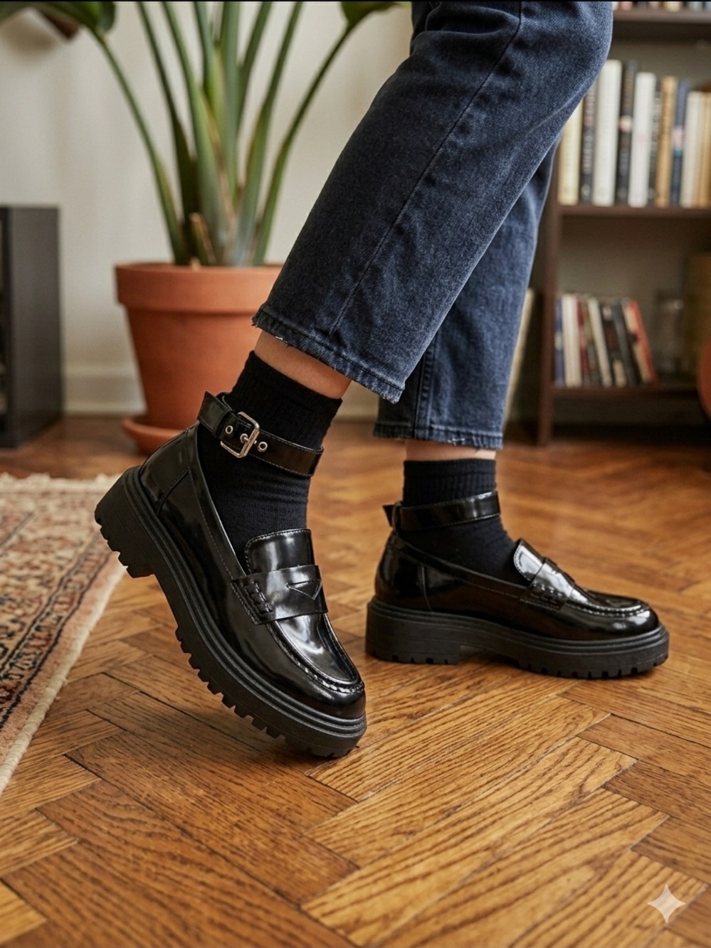 Forever 21 Black Patent Platform Loafers with Ankle Strap